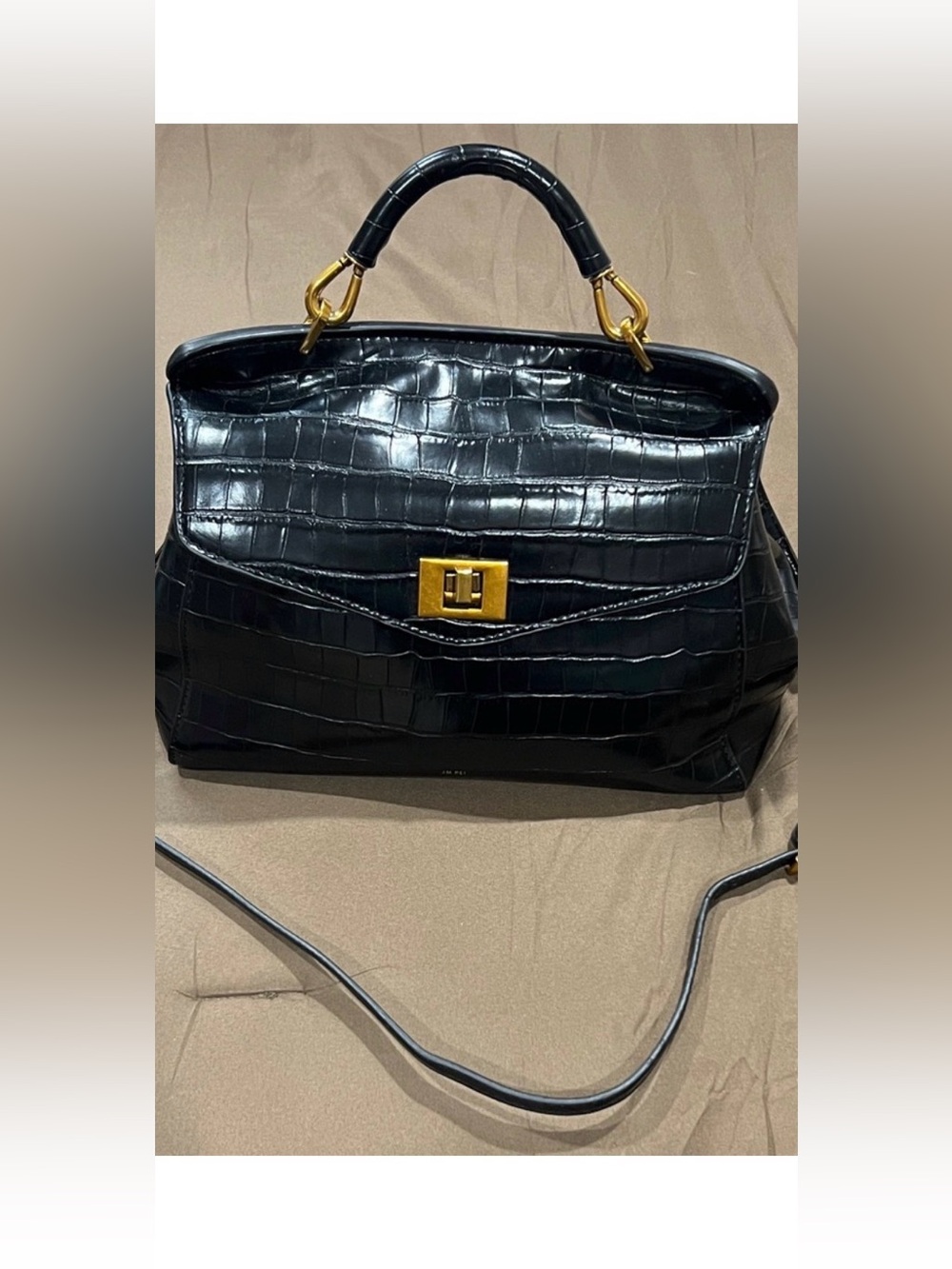 JW PEI Black Croc-Embossed Top-Handle Bag with Gold Hardware